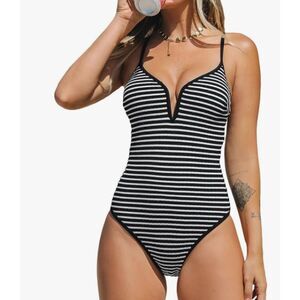 NEW Cupshe Black White Stripe One Piece Swimsuit Open Back Medium NWT